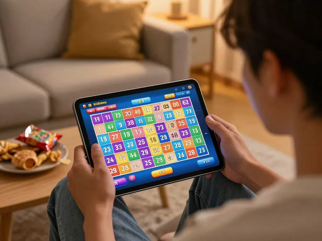Check 4D result lotto 9 with thrilling online lottery gaming experience on a tablet in a cozy home