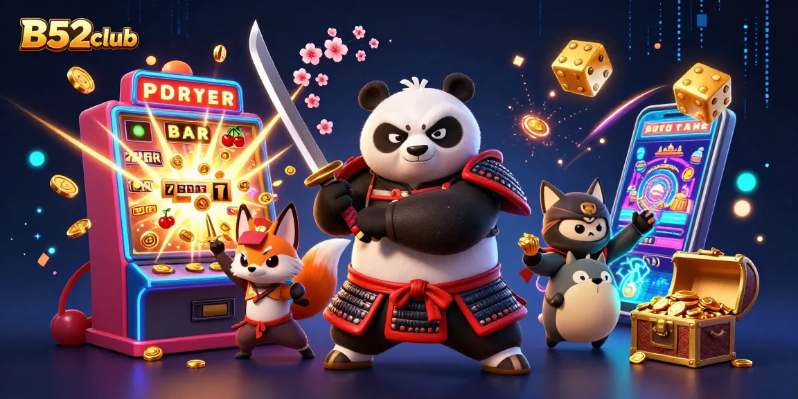 B52club offers exciting gaming vibes with a 3D panda samurai and ninja fox in a dynamic air of victory.
