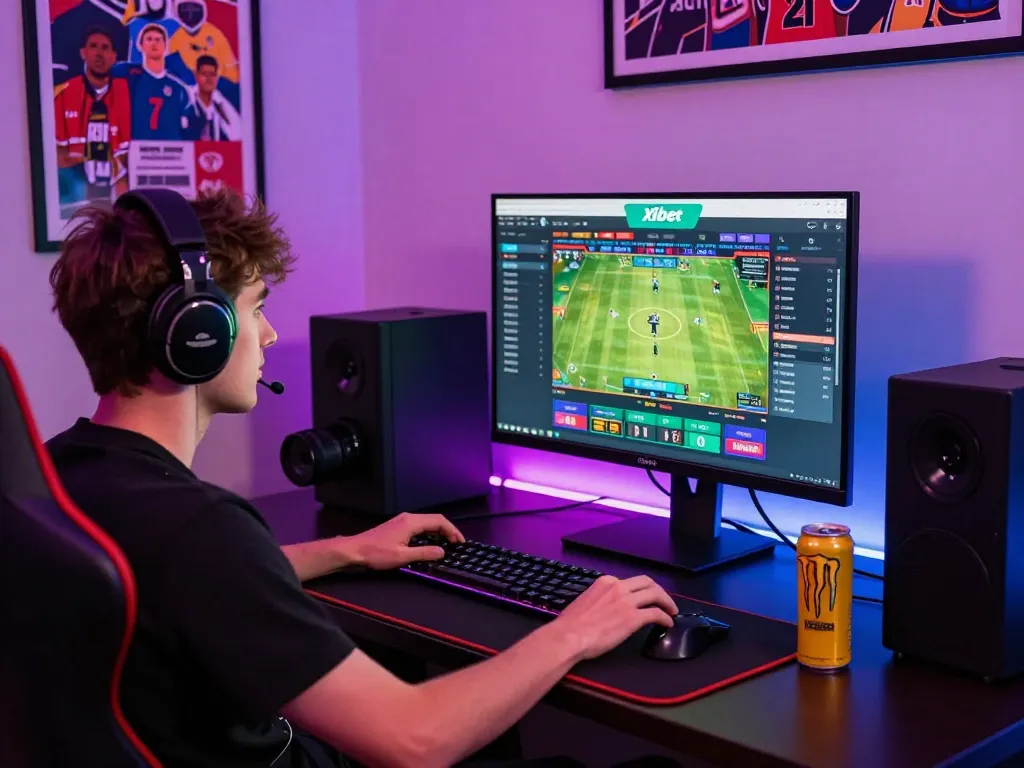 Exciting gamer using the Xibet platform for online betting, showcasing a vibrant gaming setup