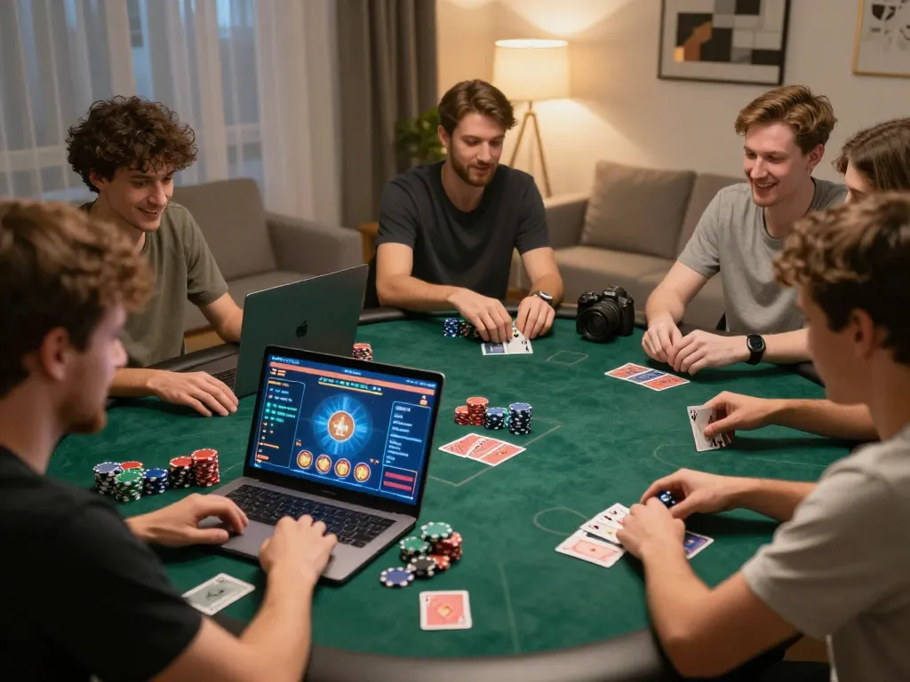 Thrilling online poker gameplay on 78wintl, players engaged in strategic decisions in a cozy home setting.
