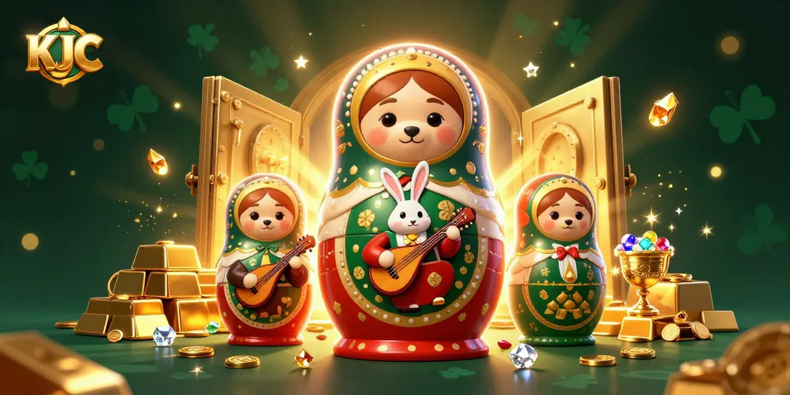 KJC showcases a vibrant casino scene with cartoon characters celebrating big wins surrounded by treasures.