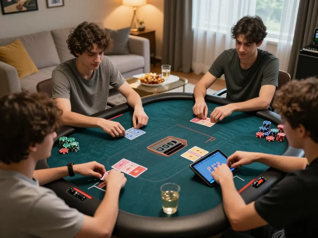Players enjoying online poker on ww88 in a cozy home setting, emphasizing a responsible gaming atmosphere.