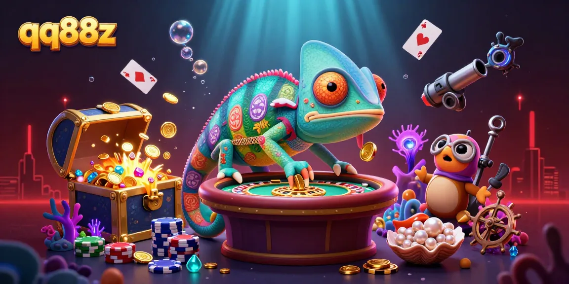 Experience the vibrant world of qq88z with a chameleon casino owner in action, capturing golden coins!