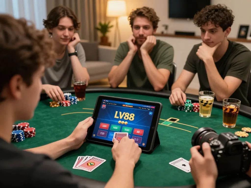 Engaged player enjoying poker on LV88's online gaming platform, showcasing excitement in a friendly atmosphere.