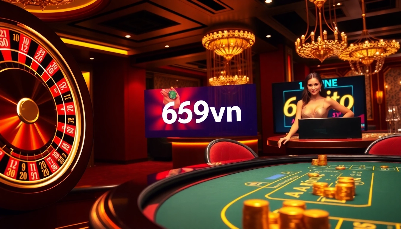 Experience the thrill of 69vn casino games with vibrant poker chips and a roulette wheel.