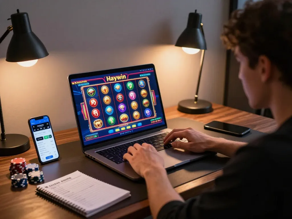 Engaging player enjoying Haywin online gaming with vibrant slot visuals and strategic notes.