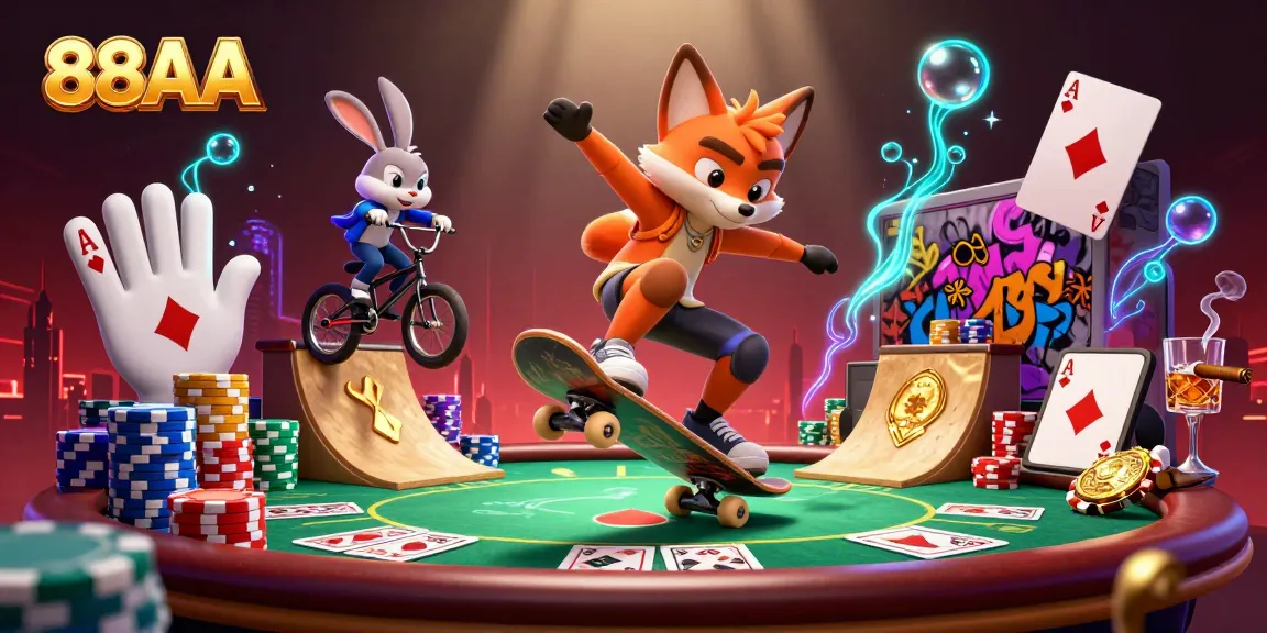 88AA's dynamic casino scene features vibrant characters and gaming elements illustrating online gambling excitement.