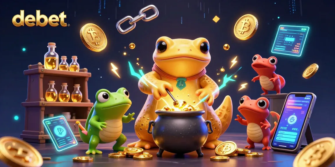 Engage with debet in an enchanting 3D illustration of a golden alchemist amidst casino-themed elements.