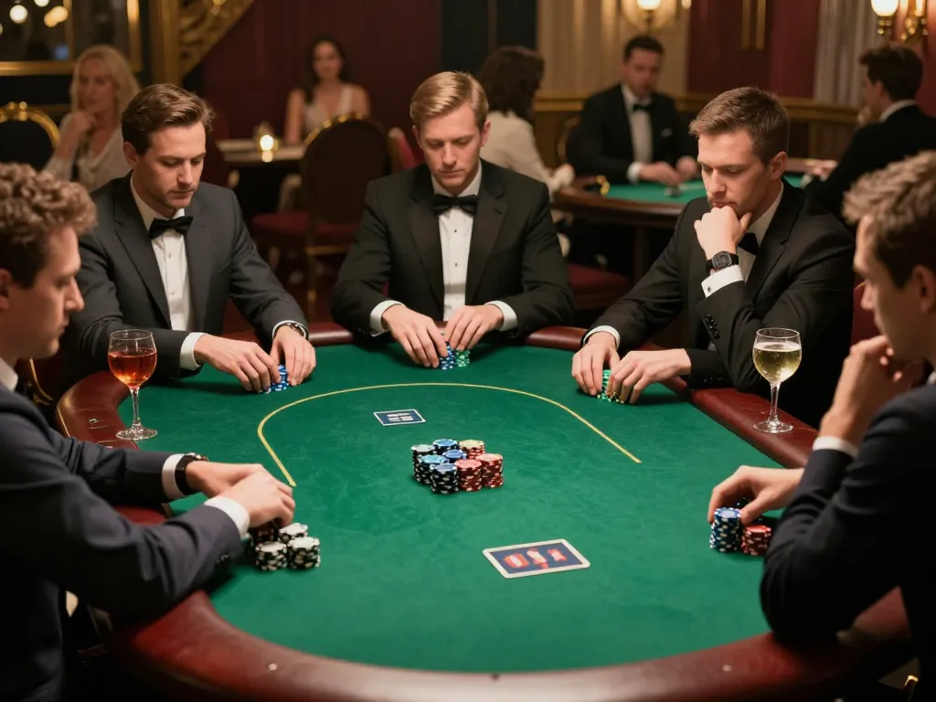 79KING poker players engage in strategic gameplay at luxurious table with chips stacked high.