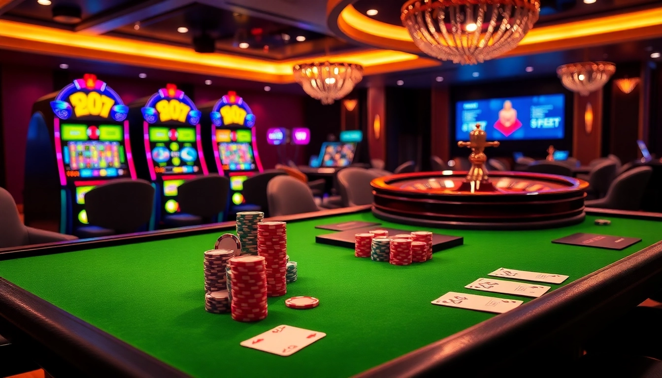 Experience high-stakes gaming at 8kbet with luxurious casino tables and vibrant poker chips.
