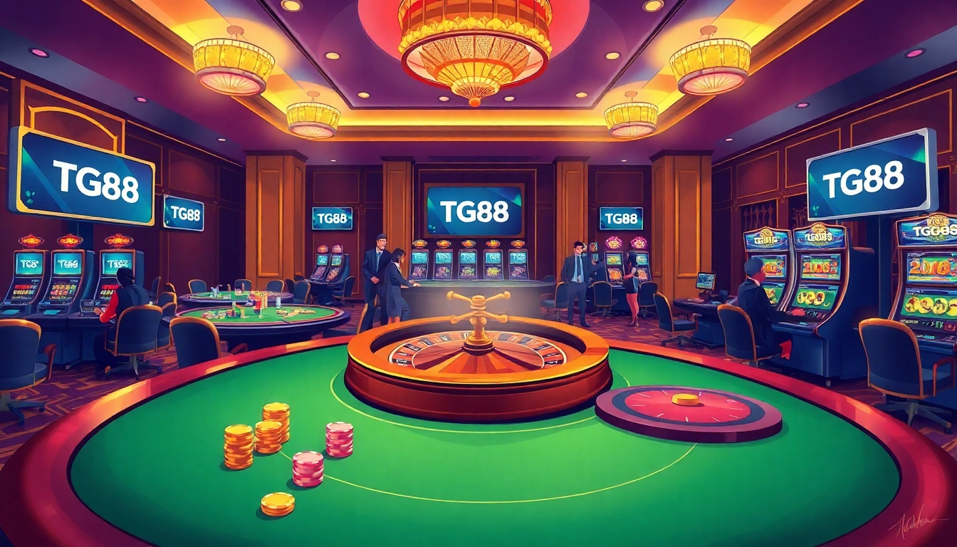 Engage with the thrilling atmosphere at TG88, showcasing vibrant gambling games and excitement.