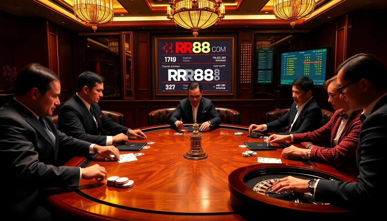 RR88 players strategizing at a luxurious poker table in a sophisticated casino.