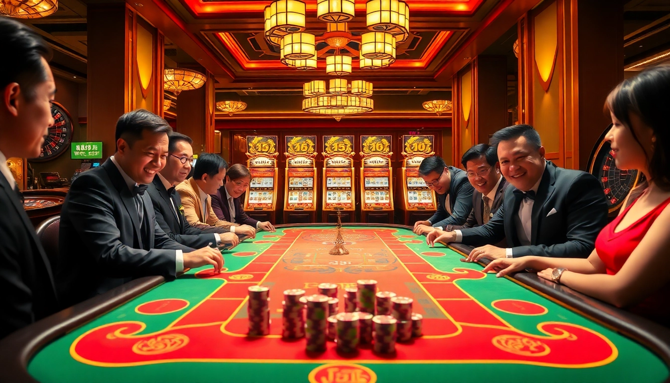 Players thrillingly place bets at the B52 table in a vibrant casino atmosphere.