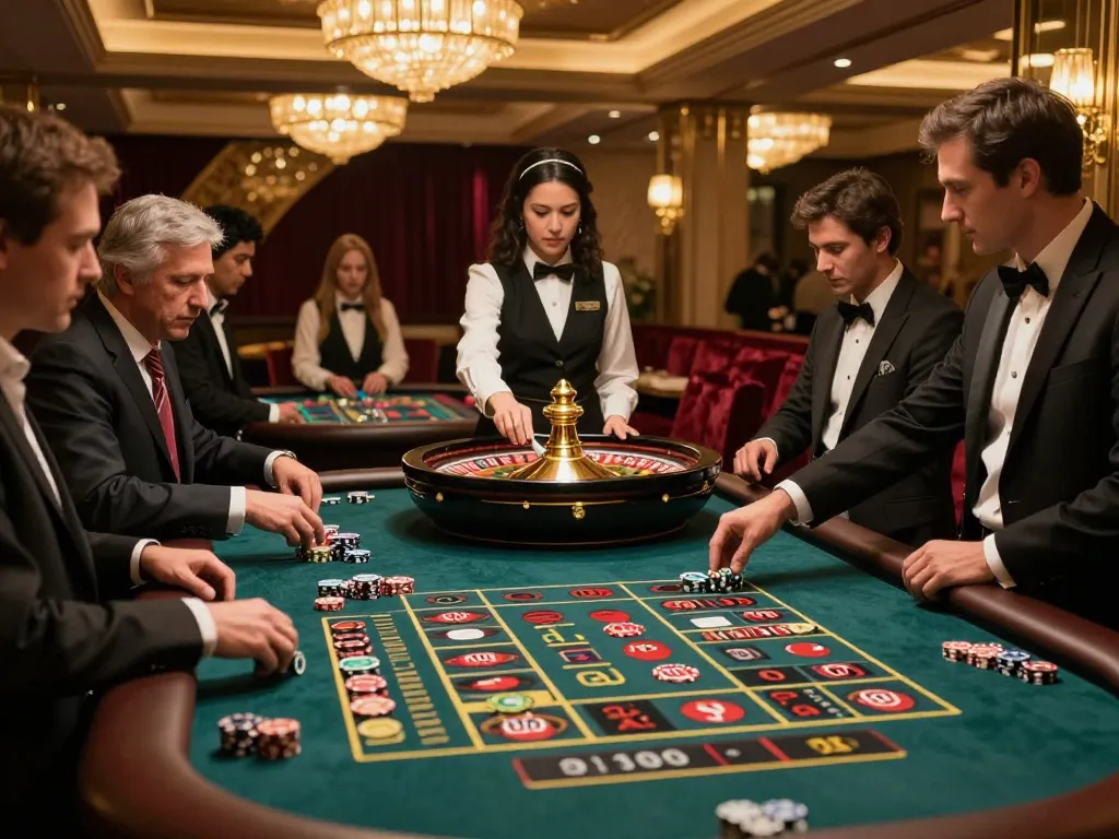 Experience thrilling action at https://xo88.farm/ with players engaged at a roulette table amid an upscale casino atmosphere.
