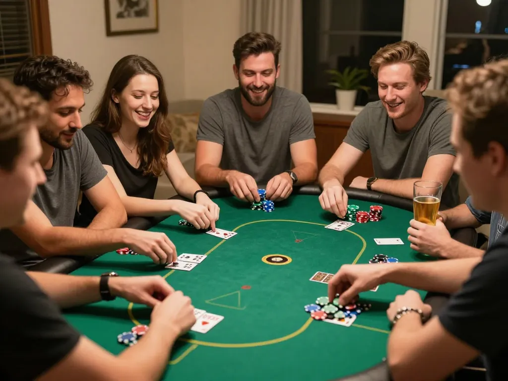 Players enjoying nổ hũ poker night with colorful chips and snacks on a vibrant table