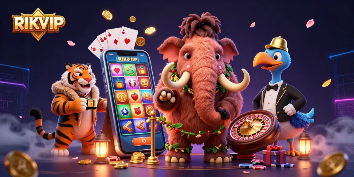 RIKVIP showcases a vibrant casino scene with animated characters celebrating gaming excitement