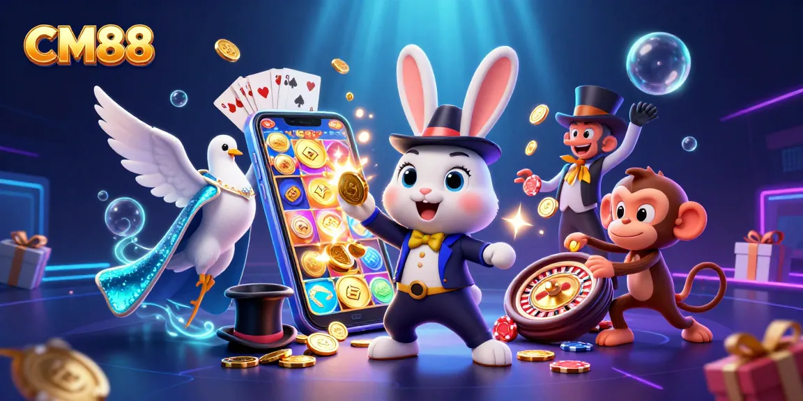 Experience the magic of CM88 as the magician rabbit pulls coins in a colorful casino scene.