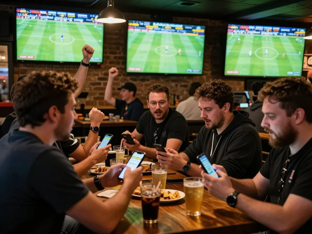 Excited fans cheering while checking kết quả bóng đá and placing bets on their smartphones during a live match