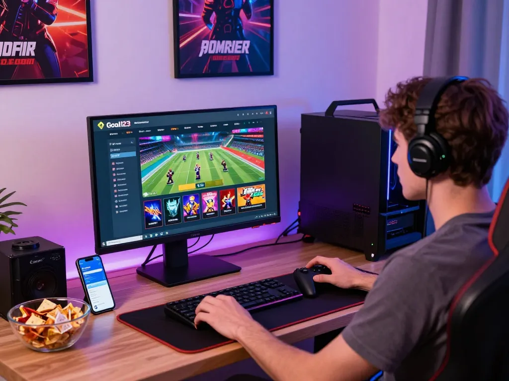 Engaged gamer enjoying a thrilling moment on Goal123 platform with gaming setup and vibrant atmosphere.