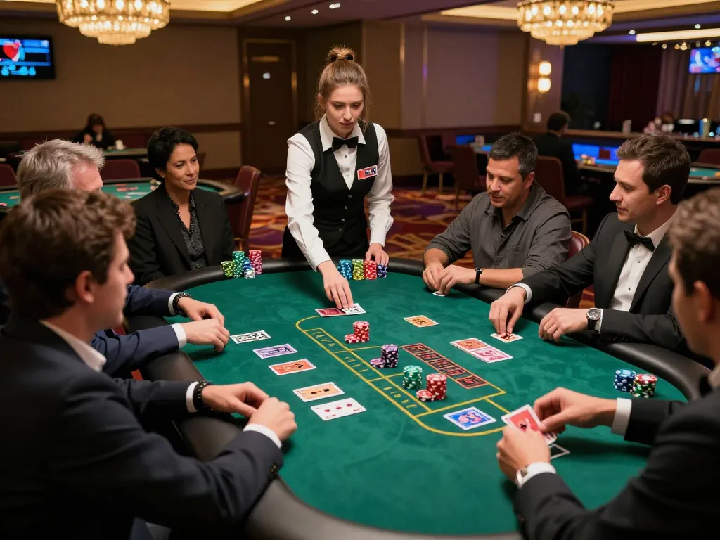 Players are strategizing at a blackjack table at LLWIN casino, showcasing dynamic card action and excitement.