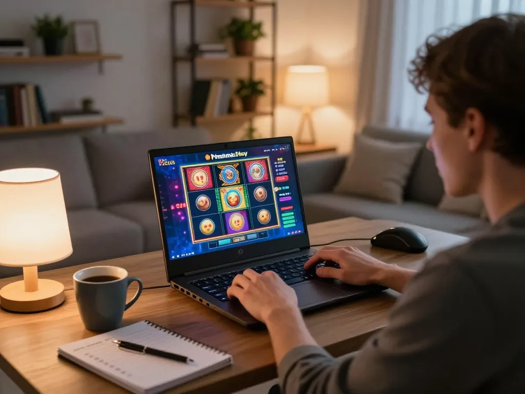 Engaging with Pragmaticplay slots in a cozy home setup, showcasing responsible online gaming.