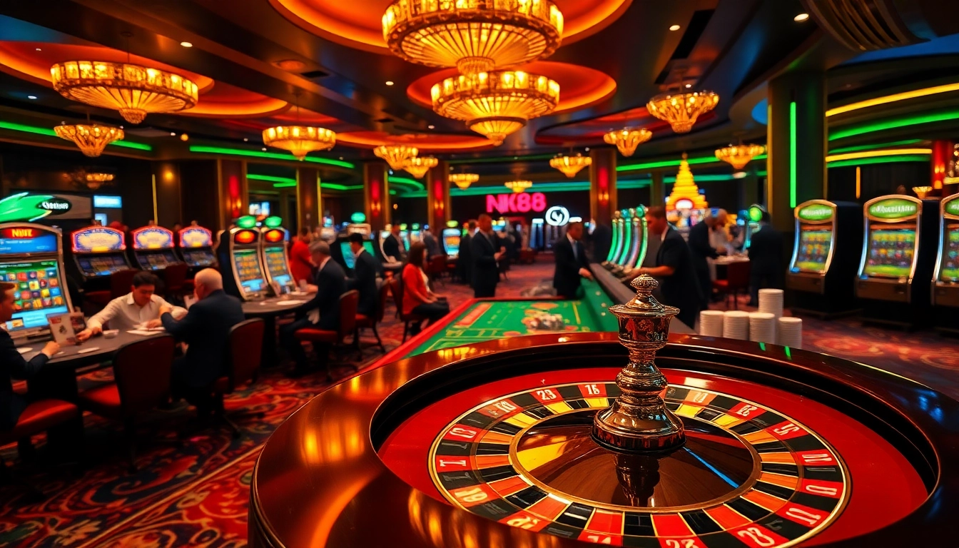 Experience the thrill of nk88 with players at an exciting casino table surrounded by luxury.