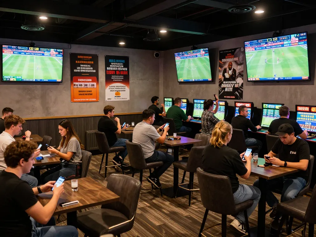 Place your bets at 789win in a vibrant sports betting lounge with fans enjoying live events