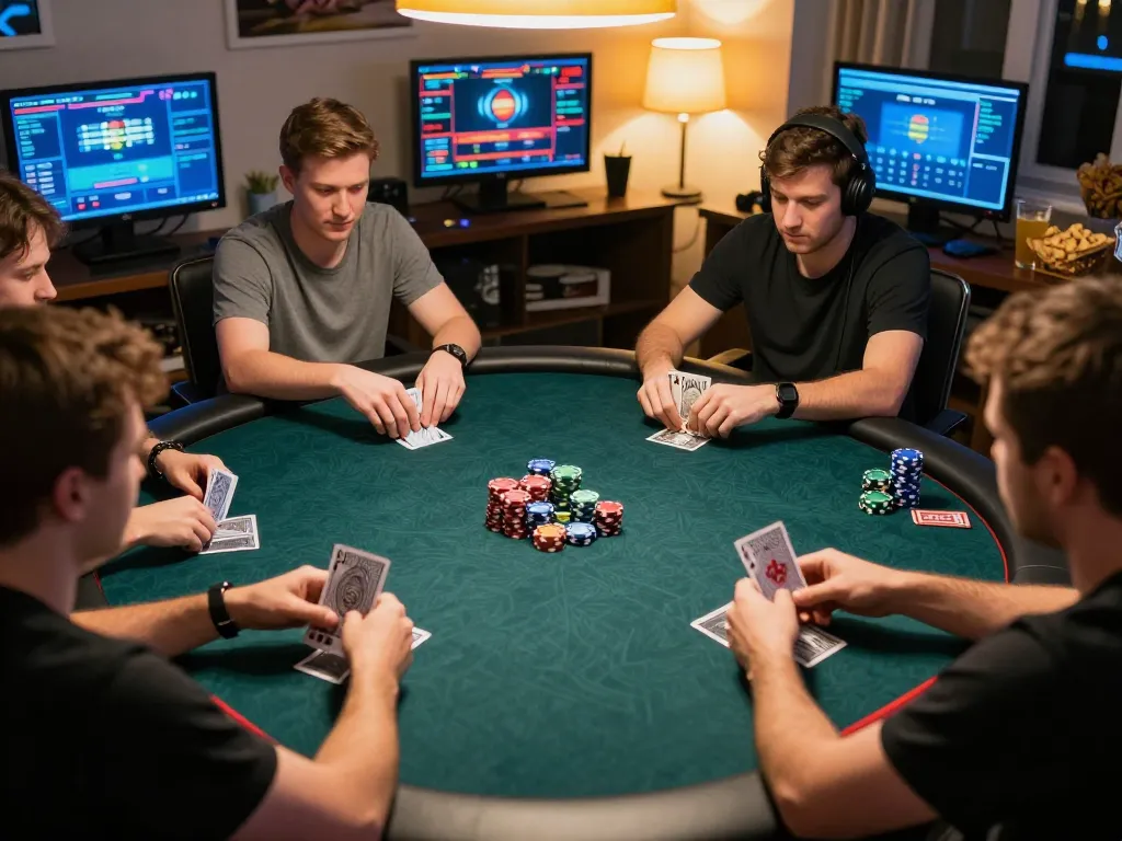 Luck8l players strategizing in an engaging online poker game, capturing an exciting home gaming atmosphere.