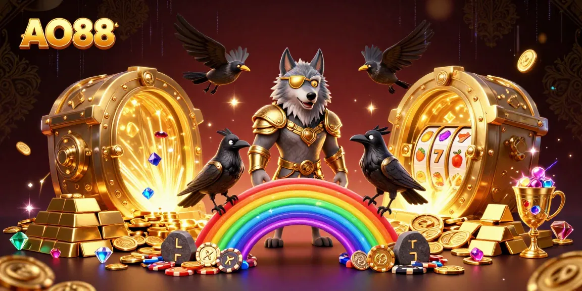 A mesmerizing AO88 casino scene showcasing a Norse-inspired wolf and ravens amid slot game elements and treasure