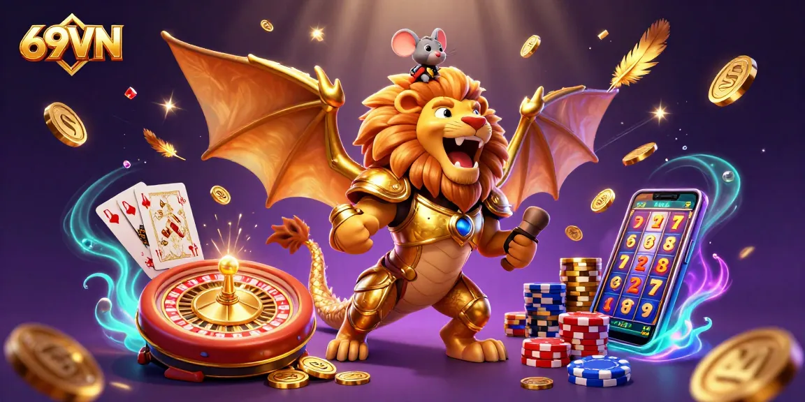 Experience the thrill of gaming at 69VN with a dynamic and colorful casino illustration showcasing vibrant elements like slot machines, cards, and roars of victory.
