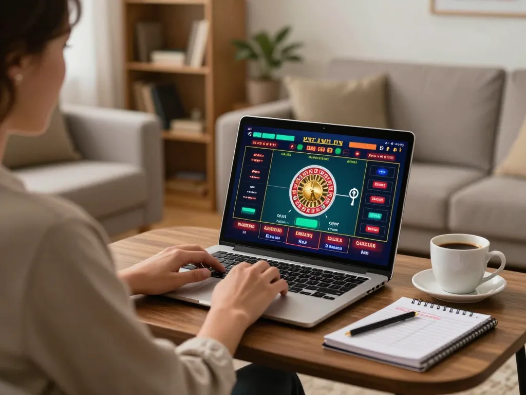 Engaged player experiencing Tg88.com live casino on a laptop, cozy home setup with betting journal visible.