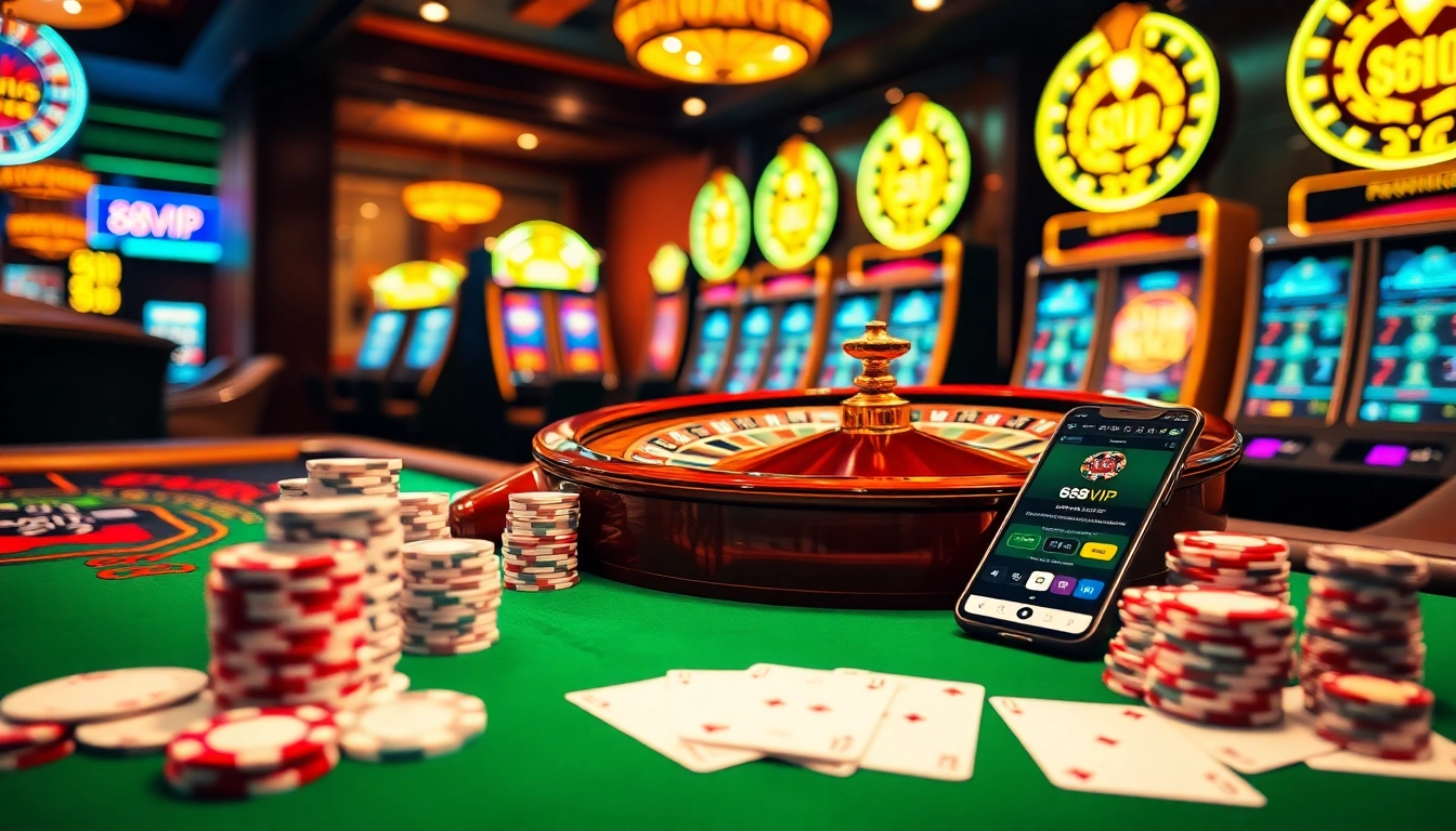 A dynamic casino scene showcasing 68VIP's exciting gambling experience with vibrant roulette, poker chips, and the online betting app.