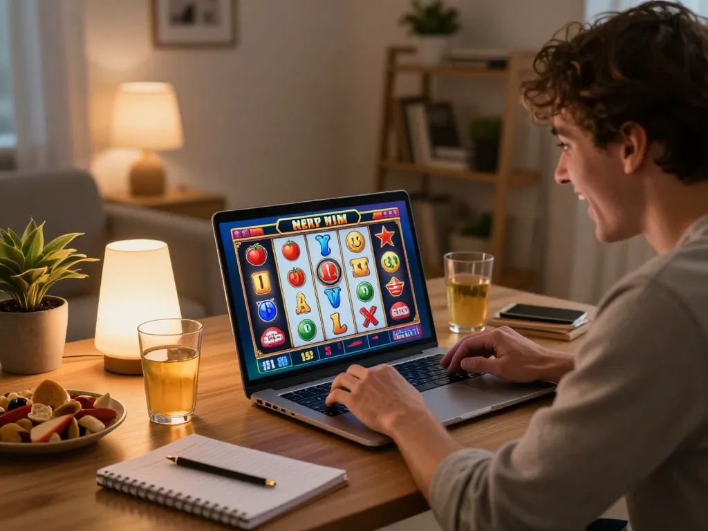 FIVE88 player celebrating a near win while engaging with an online slot machine on a laptop.