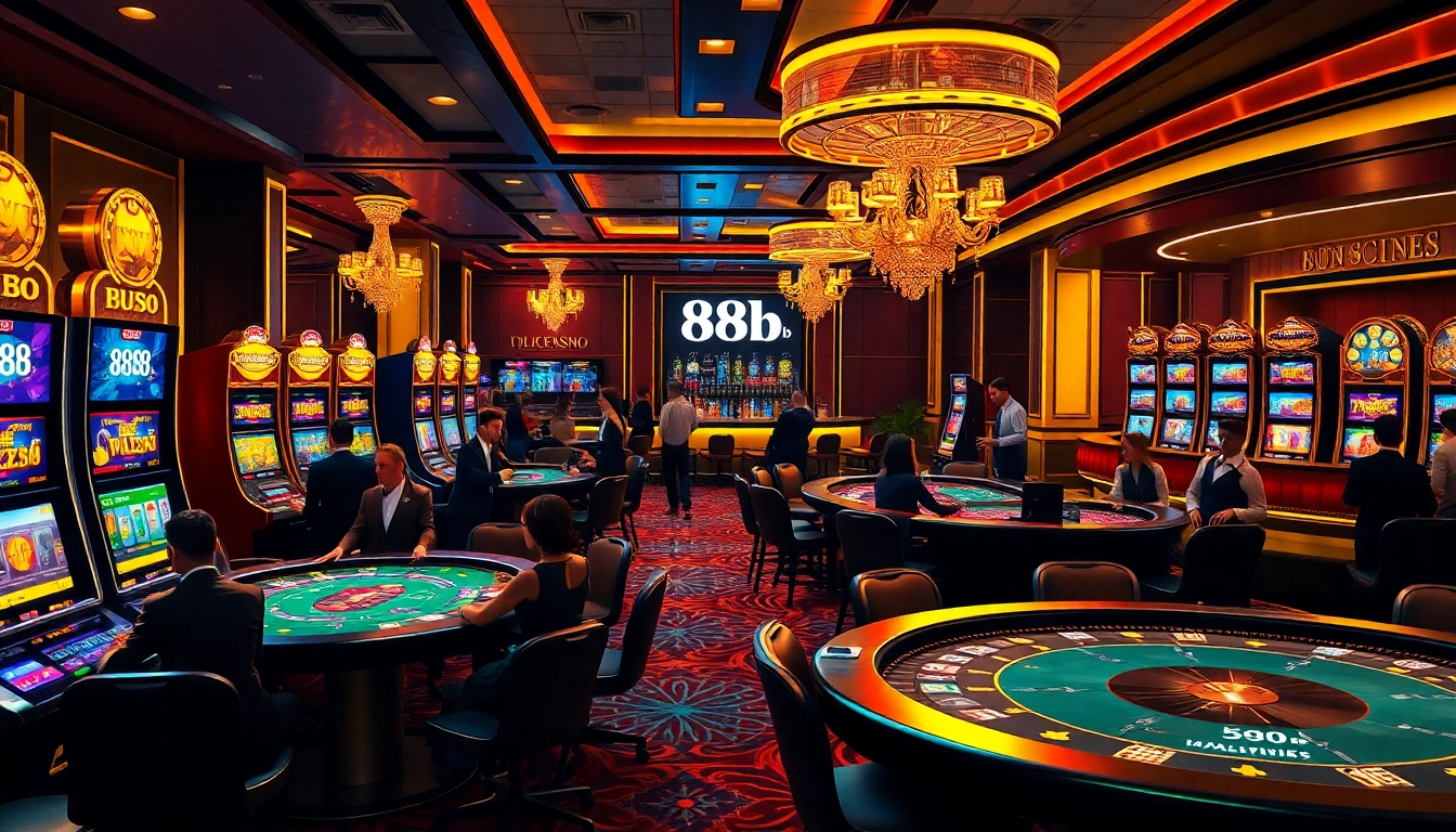 Engaging scene of vibrant gambling at 888b casino with poker tables and slot machines.