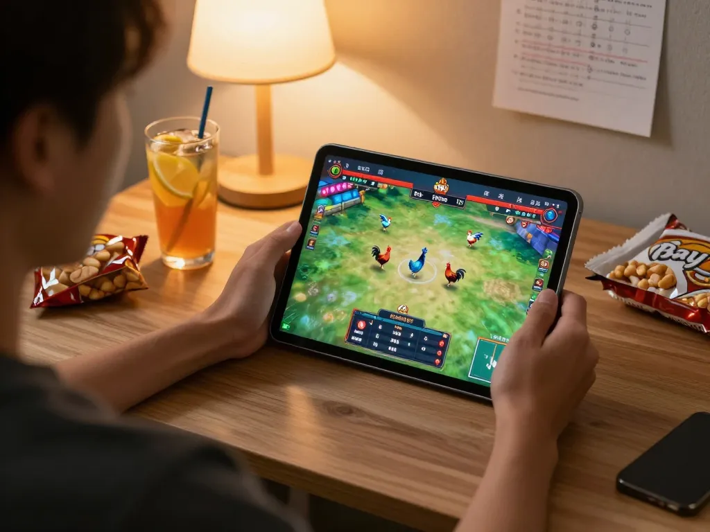 Engaging scene of a user enjoying Đá gà thomo matches on a tablet with a cozy home atmosphere.