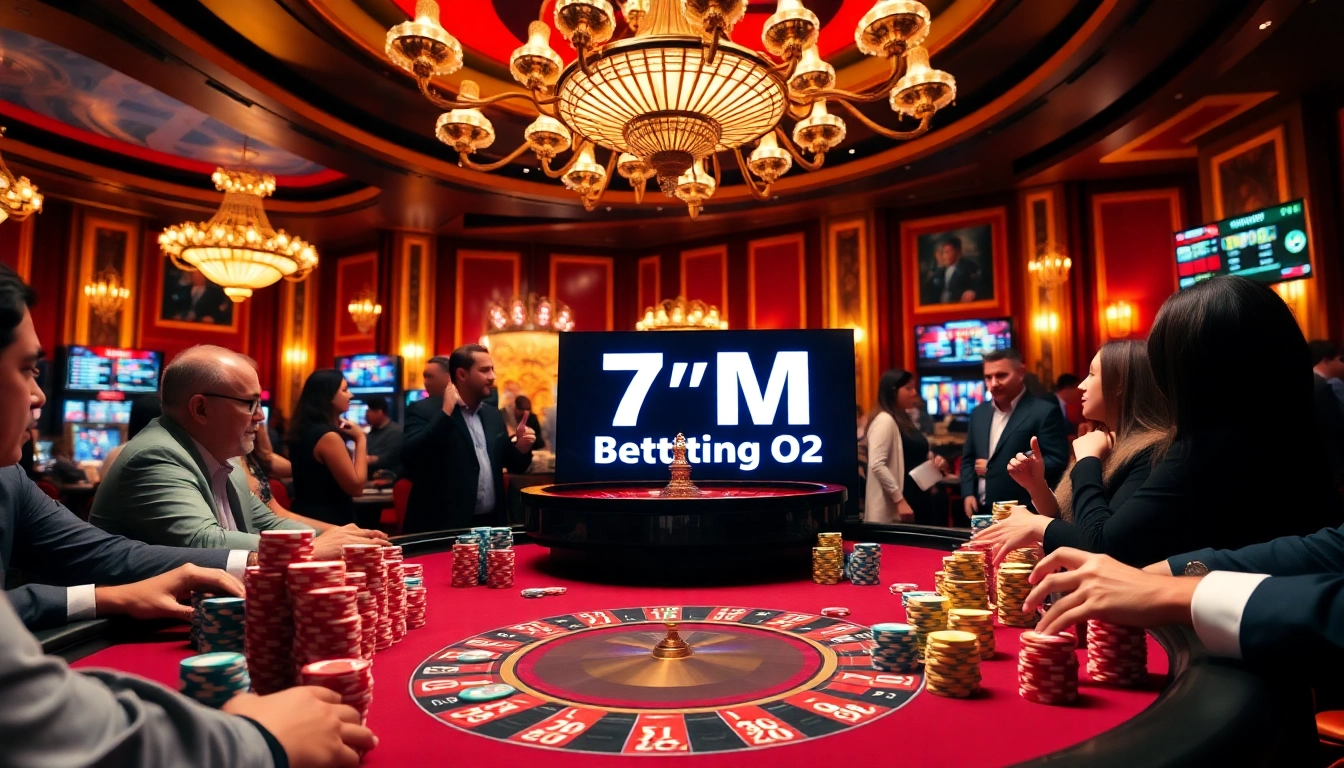 Players analyzing 7M Betting Odds at a vibrant casino poker table.