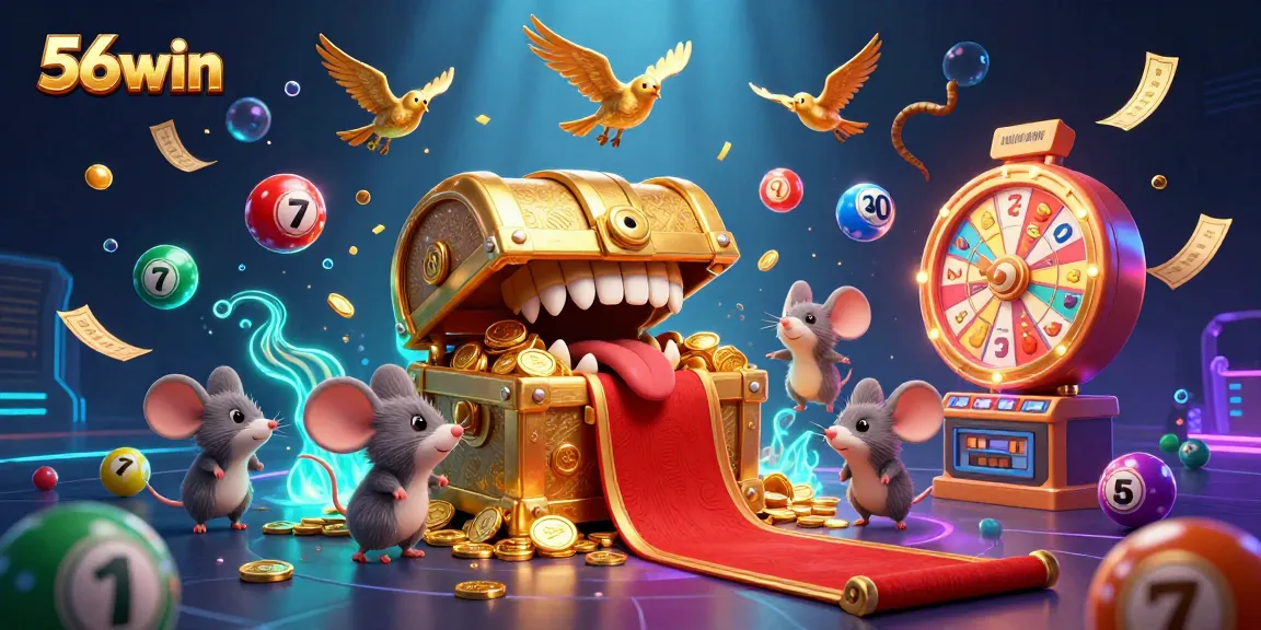 Engaging 56win casino illustration with vibrant elements, showcasing lottery excitement and adventure.