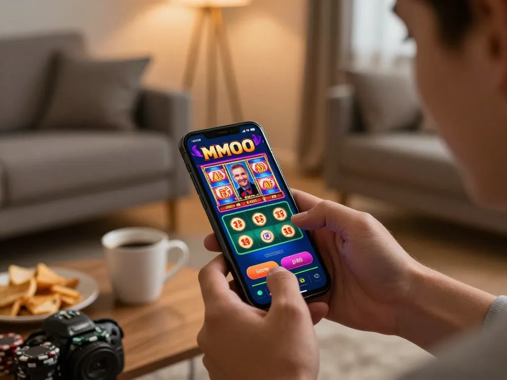Player exploring the MMOO casino app on a smartphone at home, capturing the excitement of mobile gambling.