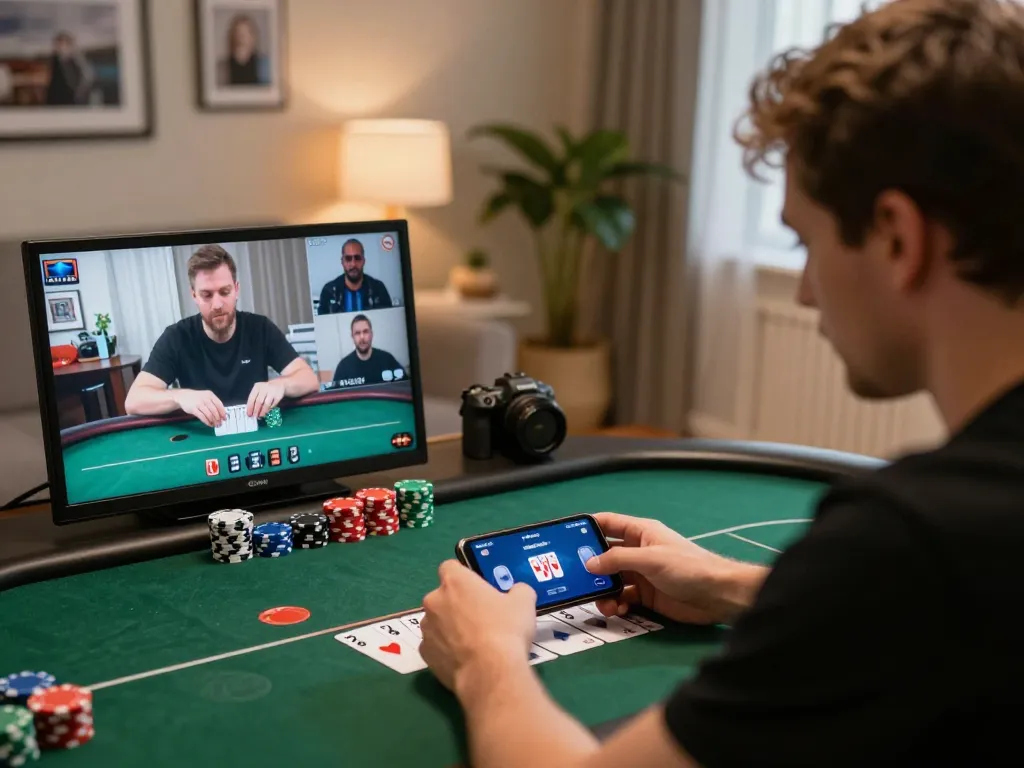 Player engaged in a strategic 789win online poker game using a smartphone in a cozy setting.
