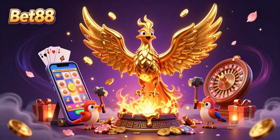 Spin the reels at Bet88 with a majestic phoenix and golden coins, embodying thrilling casino excitement.