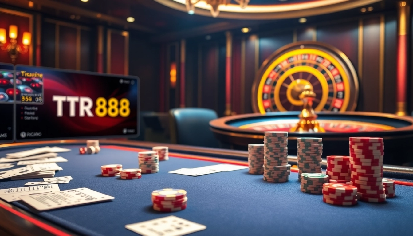 Exciting gambling interface highlighting TR88 with poker chips and a roulette wheel.