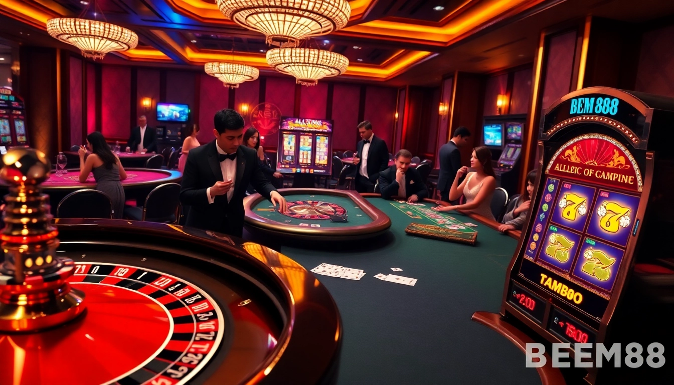 Engaged players and dealers at BEM88 casino tables, showcasing poker and roulette excitement.