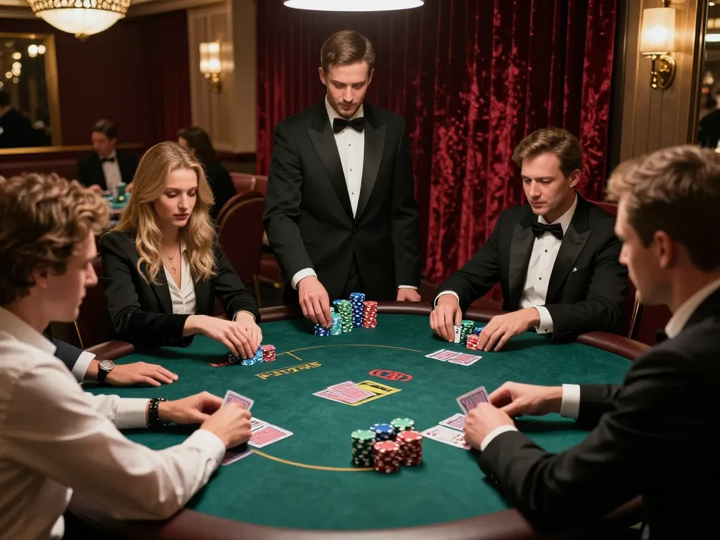Engaged players strategizing at a luck8 poker table, creating an electrifying gaming atmosphere.