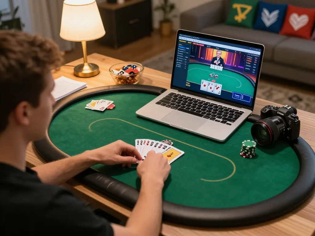 Hoiquantv player engaged in an exciting online poker game, showcasing strategic play and cozy home environment.