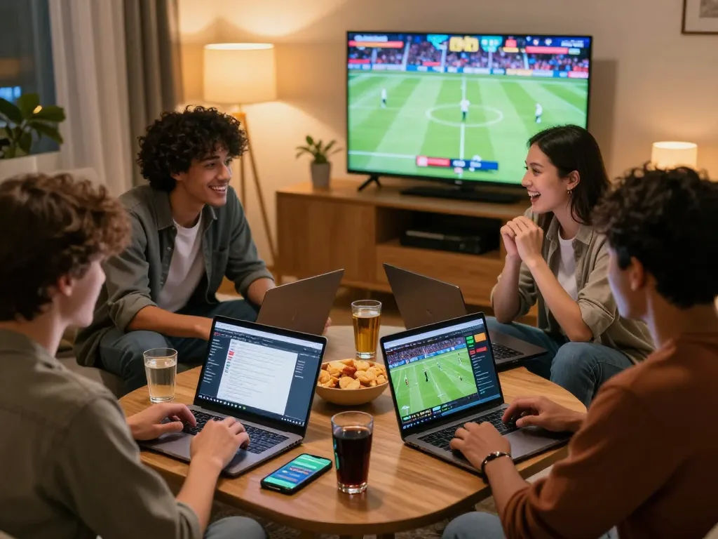 Friends enjoying a lively online betting experience with nk 88 on laptops and live sports on TV.