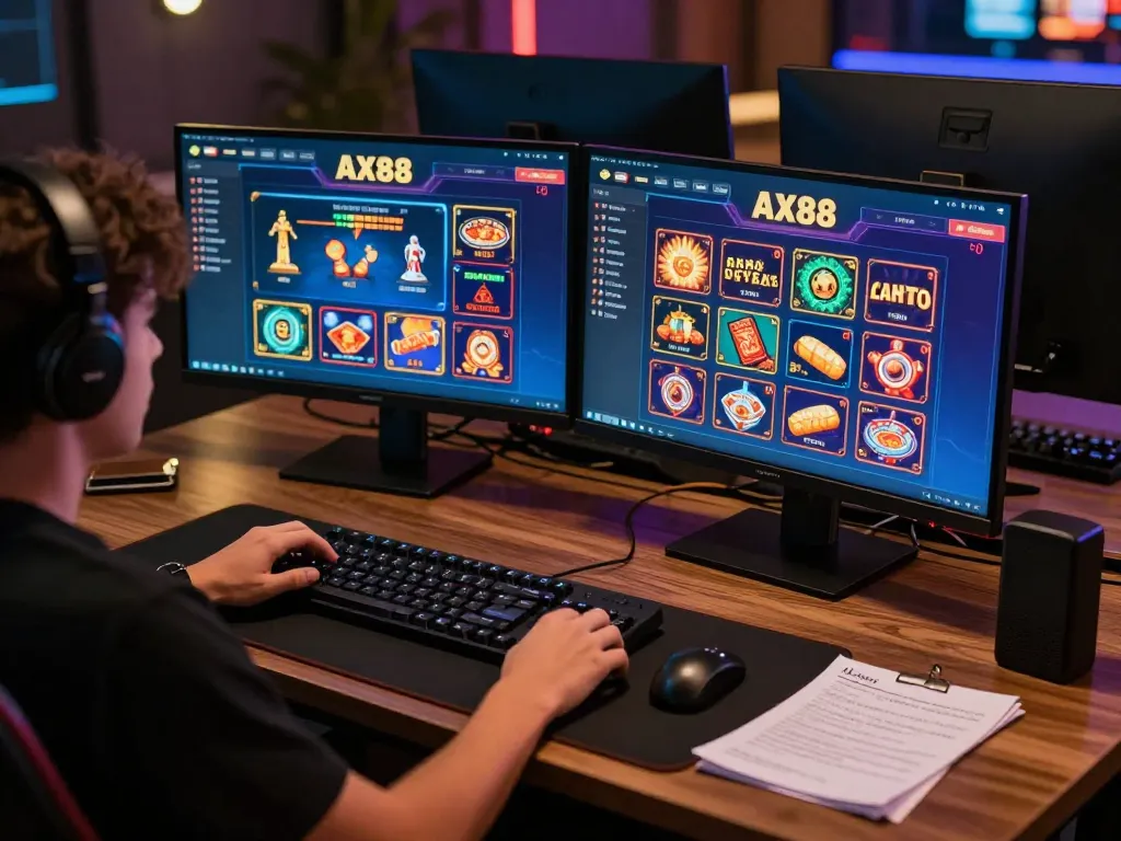 Engaging player enjoying online games at AX88, showcasing vibrant interface and strategic notes.