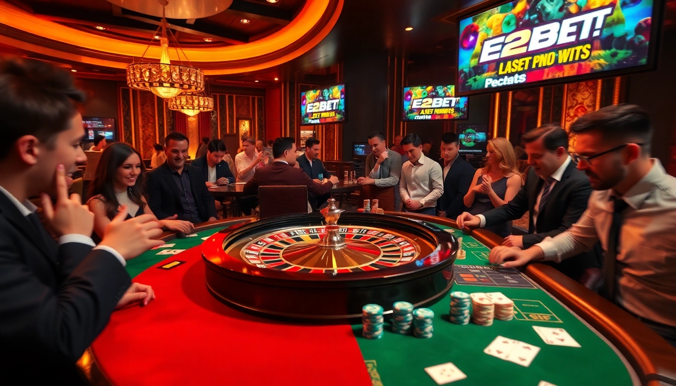 E2BET players enjoying an exhilarating casino experience at a roulette table with luxurious design.