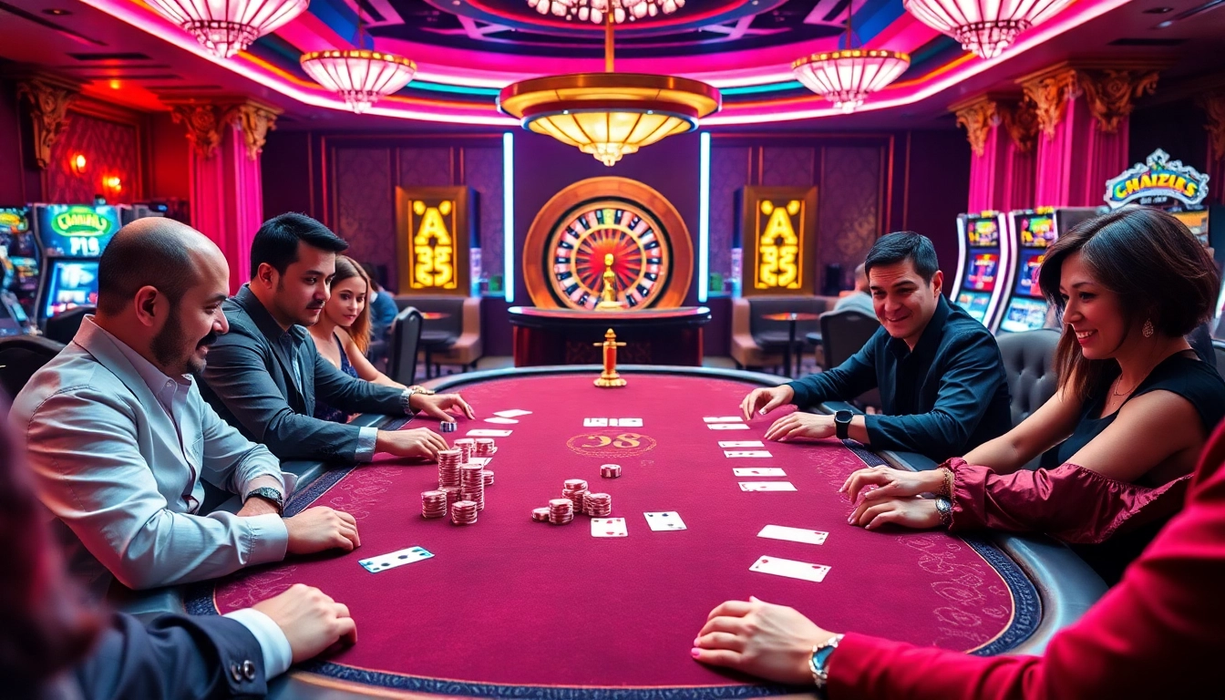 Players engaging in high-stakes poker at a Fi88 casino table, surrounded by vibrant chips and cards.