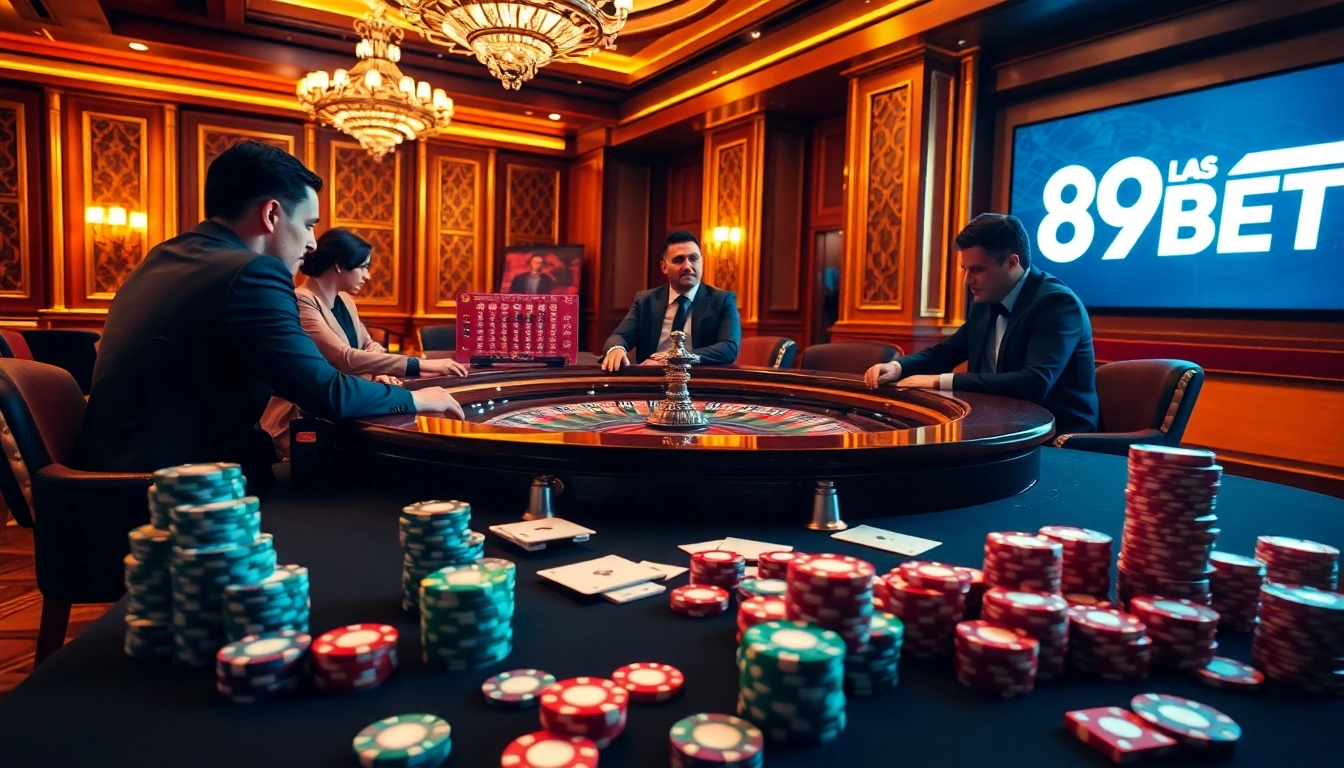 Experience the excitement of 89BET with a luxurious casino setting showcasing roulette and poker.