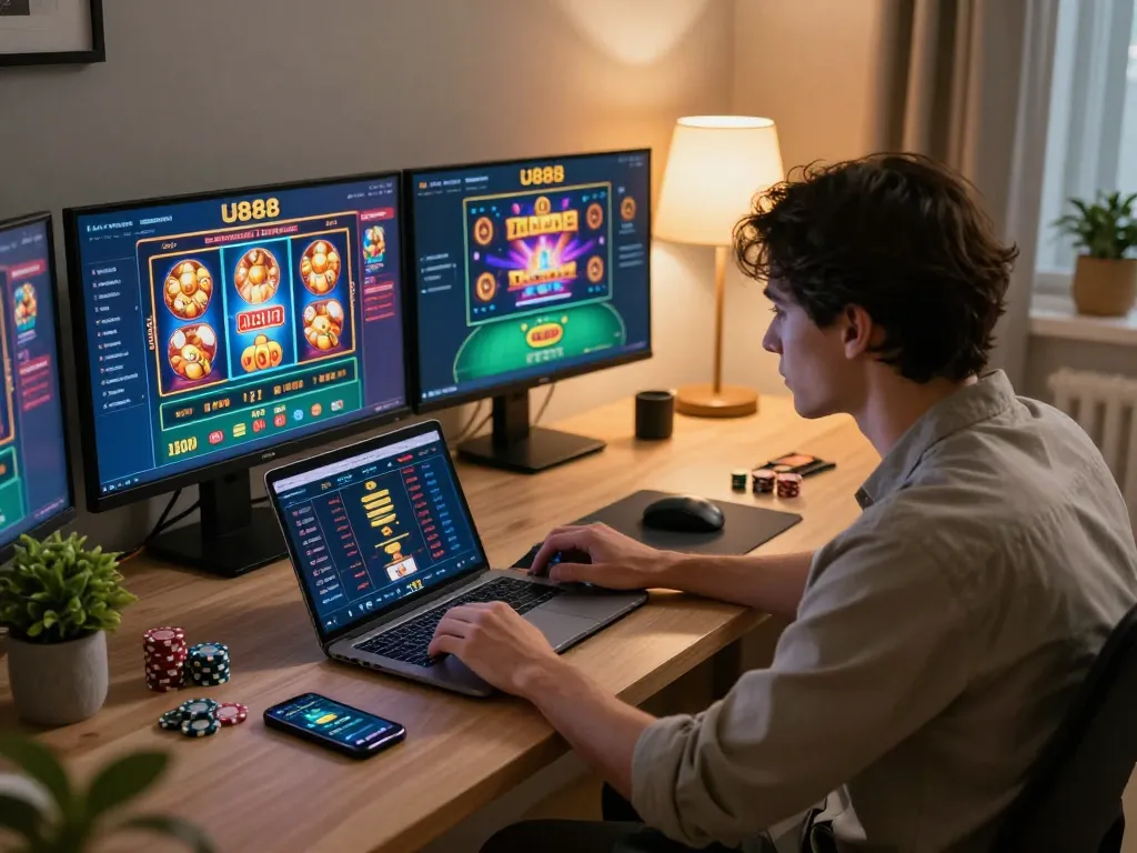 Engaged player enjoying U888 online casino games on multiple screens in a modern home setup.